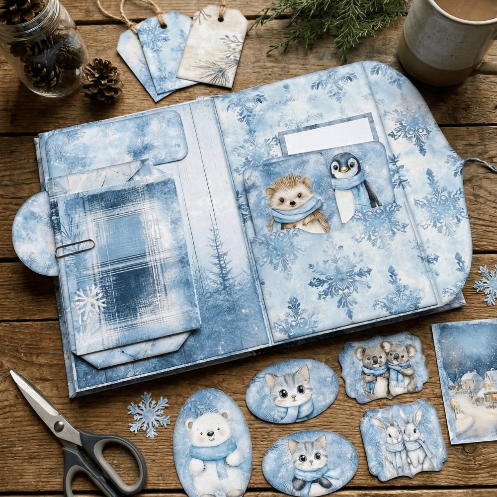 Winter Whimsy Junk Journal Folio Kit, Printable Winter Ephemera, Journal Cards, and Envelopes