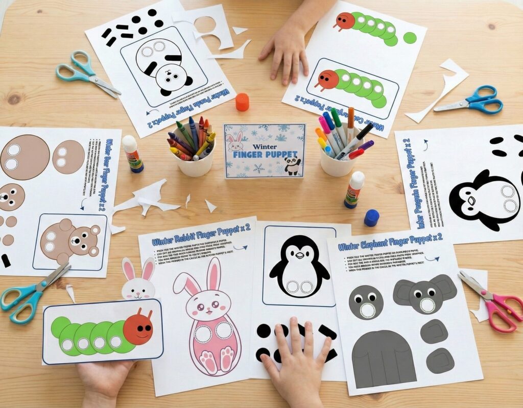Winter Finger Puppets Printable for Kids, Winter Animal Craft PDF