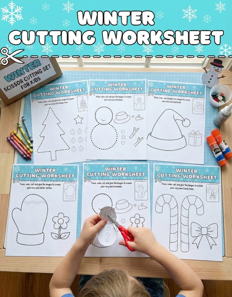 Winter Scissor Cutting Worksheets for Kids, Printable PDF